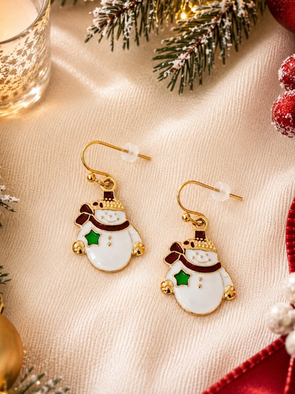 Snowman Christmas Dangle Earrings Enamel Holiday Winter Festive Jewelry